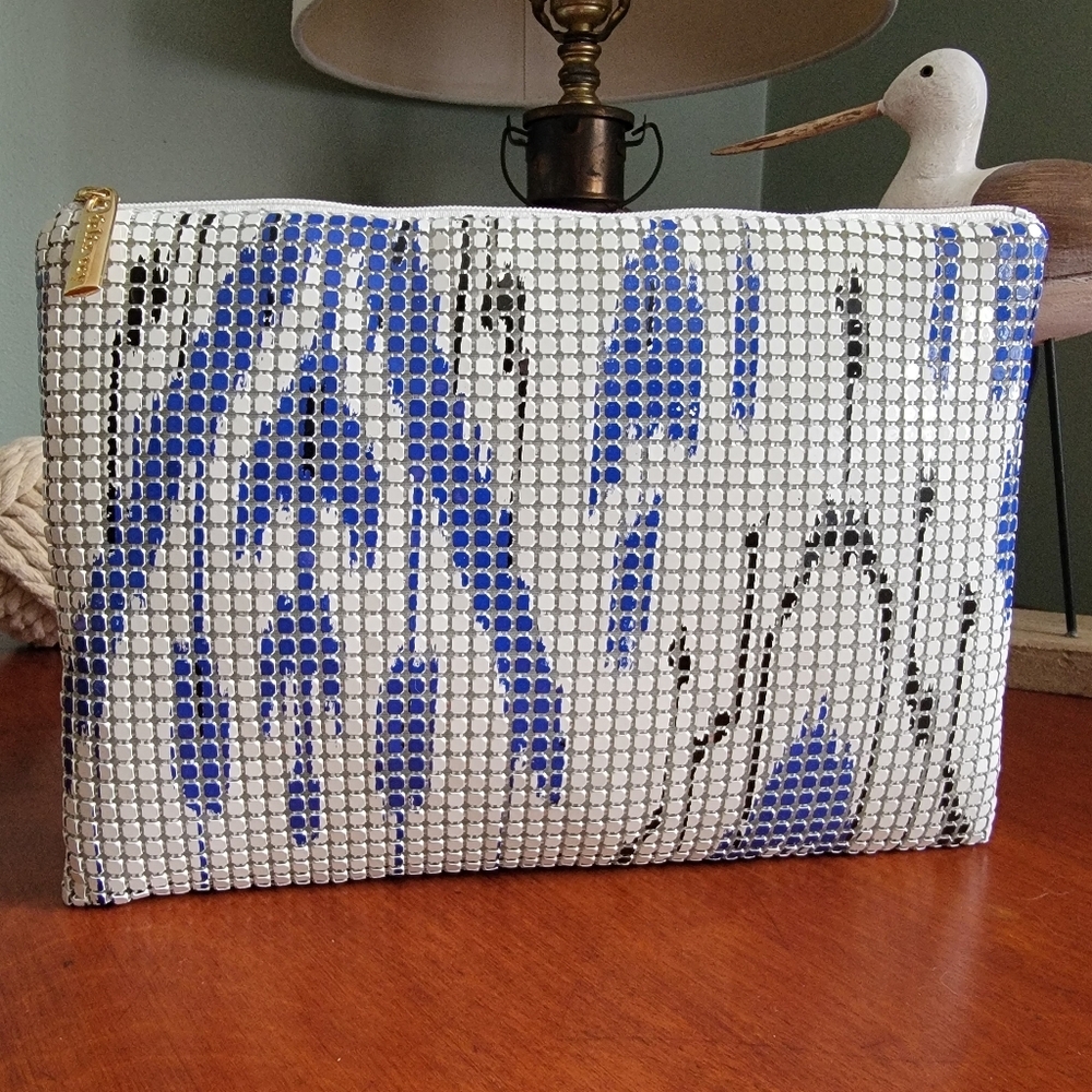 Felix Rey White Blue Metal Mesh Graphic Y2K Disco Clutch Purse